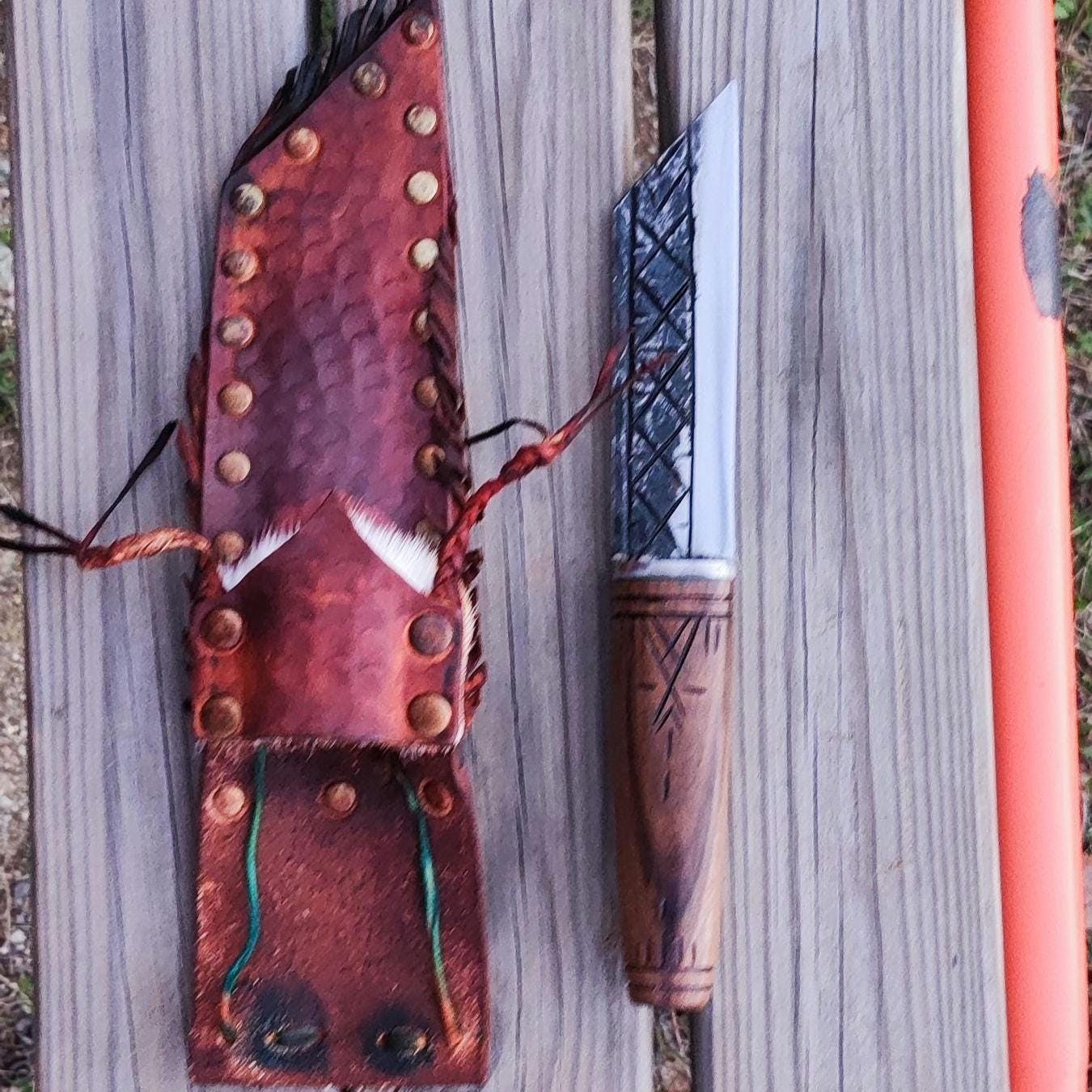 Handmade blacksmith uniquie style custom Viking Ragnar carbon steel hunter bushcraft knife with leather sheath