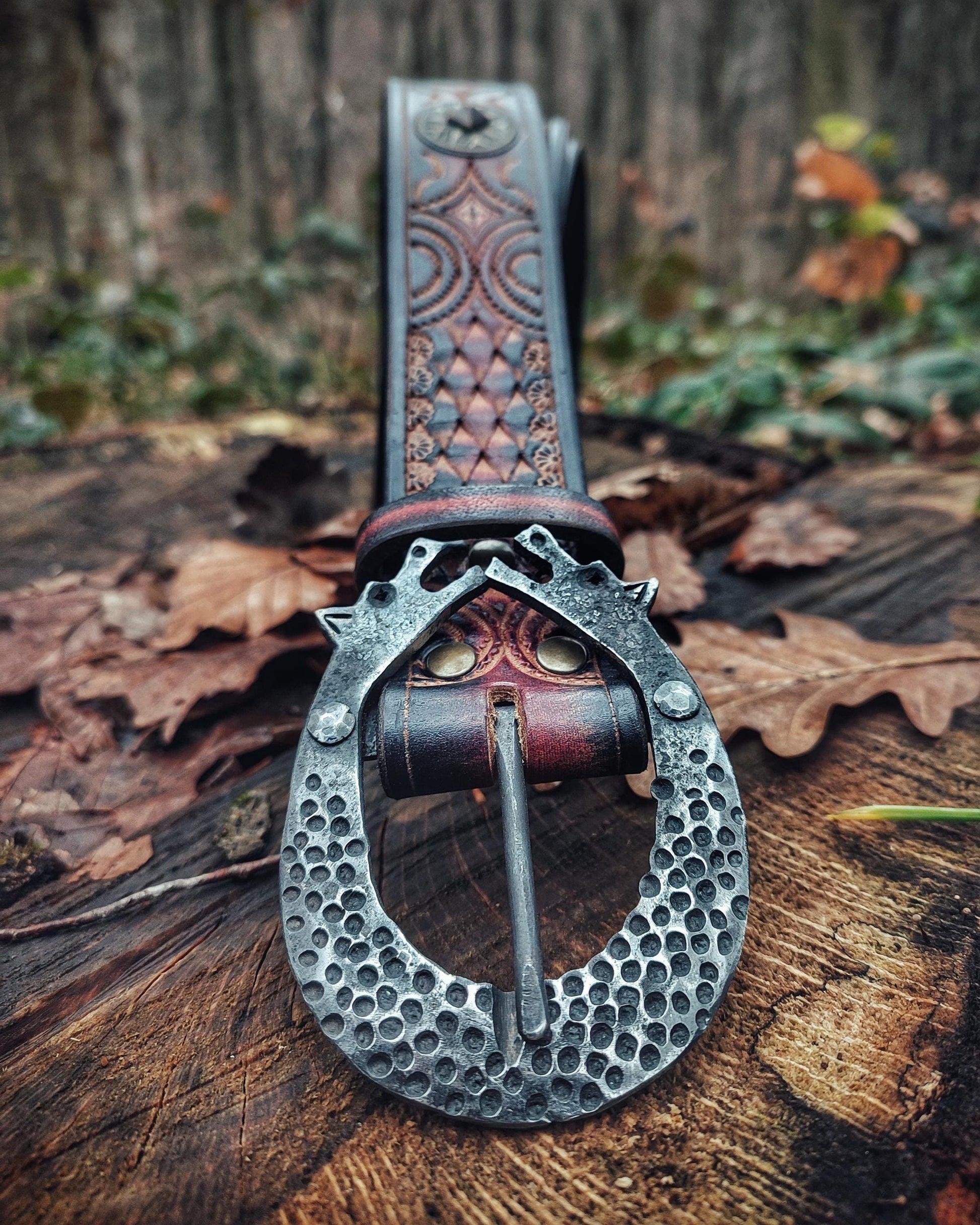 Unique Handmade Leather Belt: Twin Dragon Elegance with Blacksmith-Forged Buckle