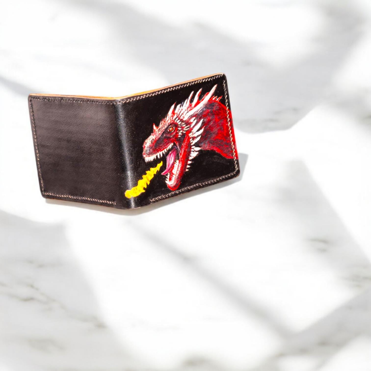 Handcrafted genuine leather wallet: Embossed dragon design, custom-made for you, embodying courage and bringing good fortune