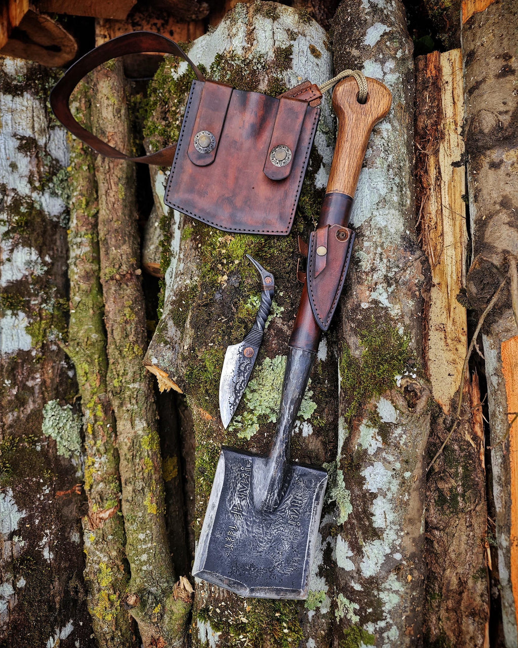 Bushcraft Survival Kit – Hand Forged Knife Carbon Steel Shovel with Leather Sheath – Outdoor Camping &amp; Emergency Tools